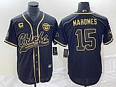 Men's Kansas City Chiefs #15 Patrick Mahomes Black Gold C Patch Cool Base Stitched Baseball Jersey